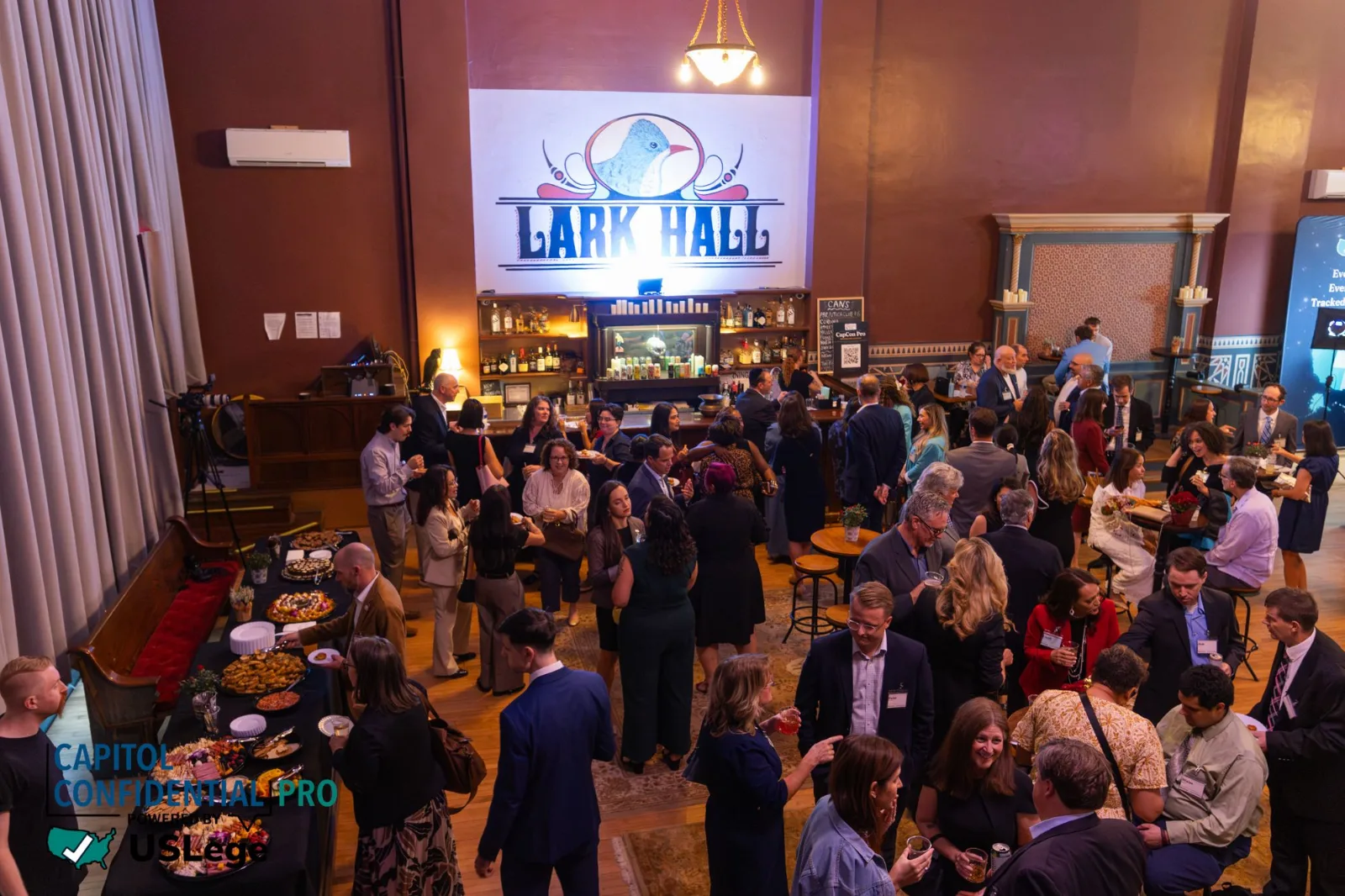 Guests at the welcome reception in the main room at Lark Hall during the 2026 Best in Government Affairs New York awards ceremony