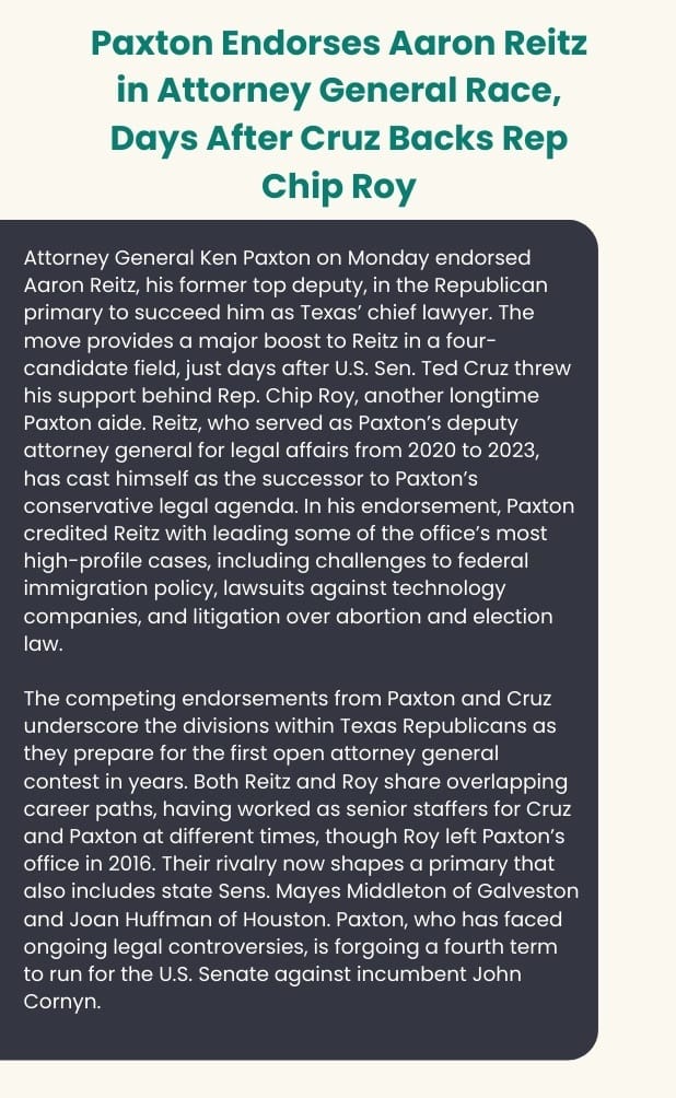 Paxton endorses Aaron Reitz in attorney general race