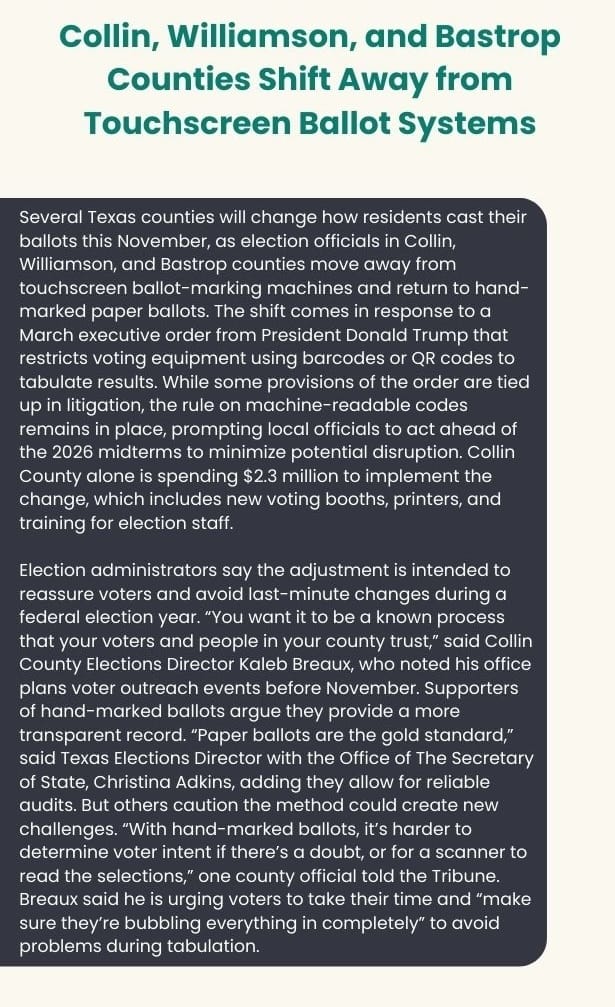 Collin, Williamson, and Bastrop counties shift away from touchscreen ballot systems