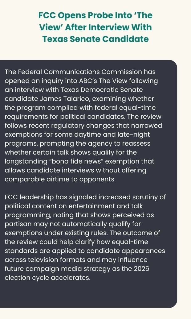 Text card on FCC probe into The View over a Senate candidate interview