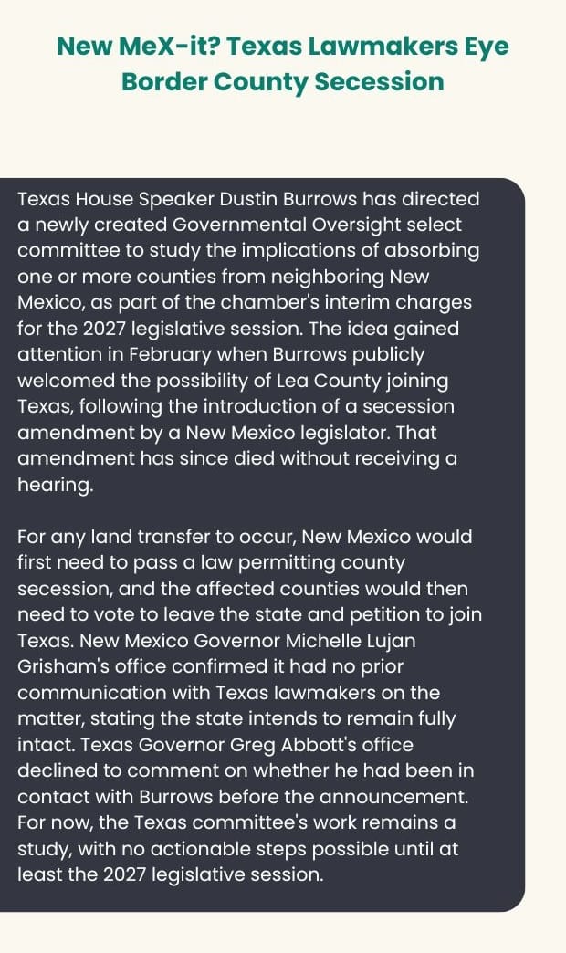Text card on Texas lawmakers studying New Mexico border county secession