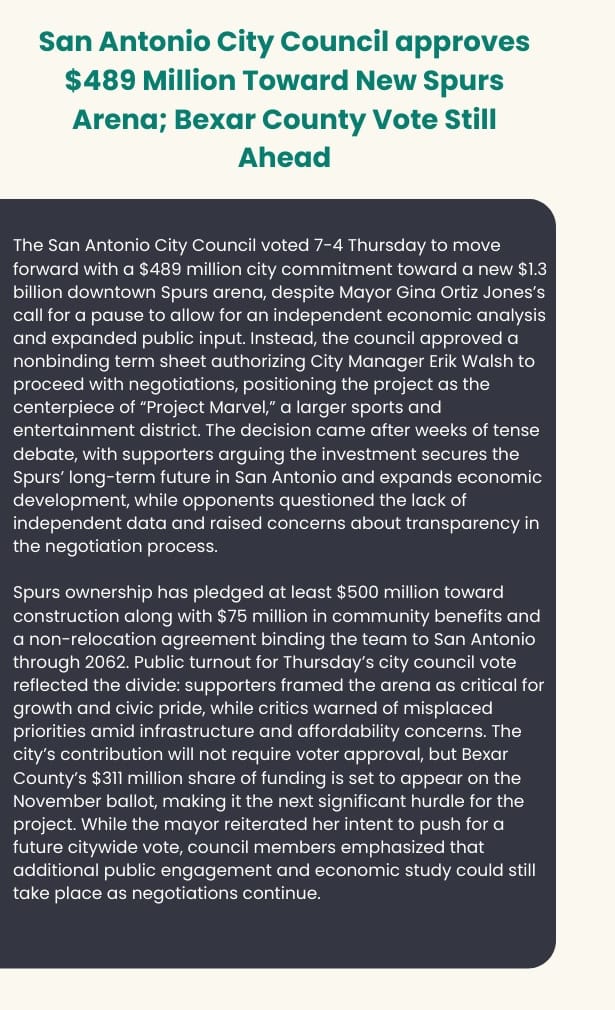 San Antonio City Council approves $489 million toward new Spurs arena