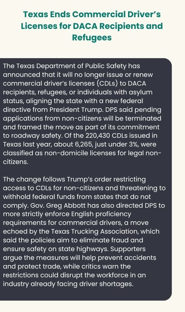 Texas ends commercial driver's licenses for DACA recipients and refugees