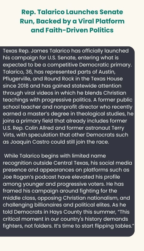 Rep. Talarico launches Senate run backed by viral platform and faith