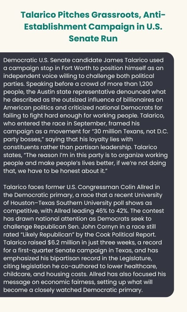 Talarico pitches grassroots, anti-establishment campaign in U.S. Senate run