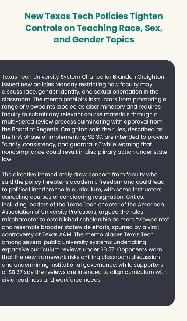 Text card on new Texas Tech policies restricting classroom discussion of race and gender