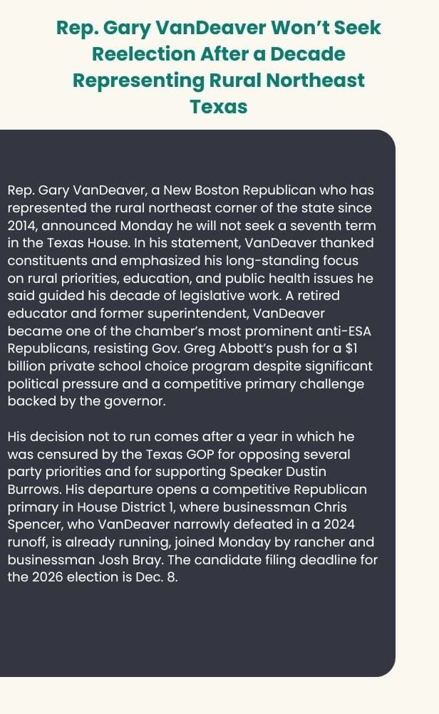 Text card on Rep. Gary VanDeaver's decision not to seek reelection