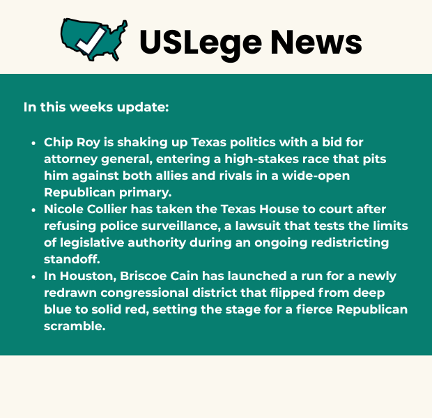 USLege News weekly update on Chip Roy, Nicole Collier, and Briscoe Cain