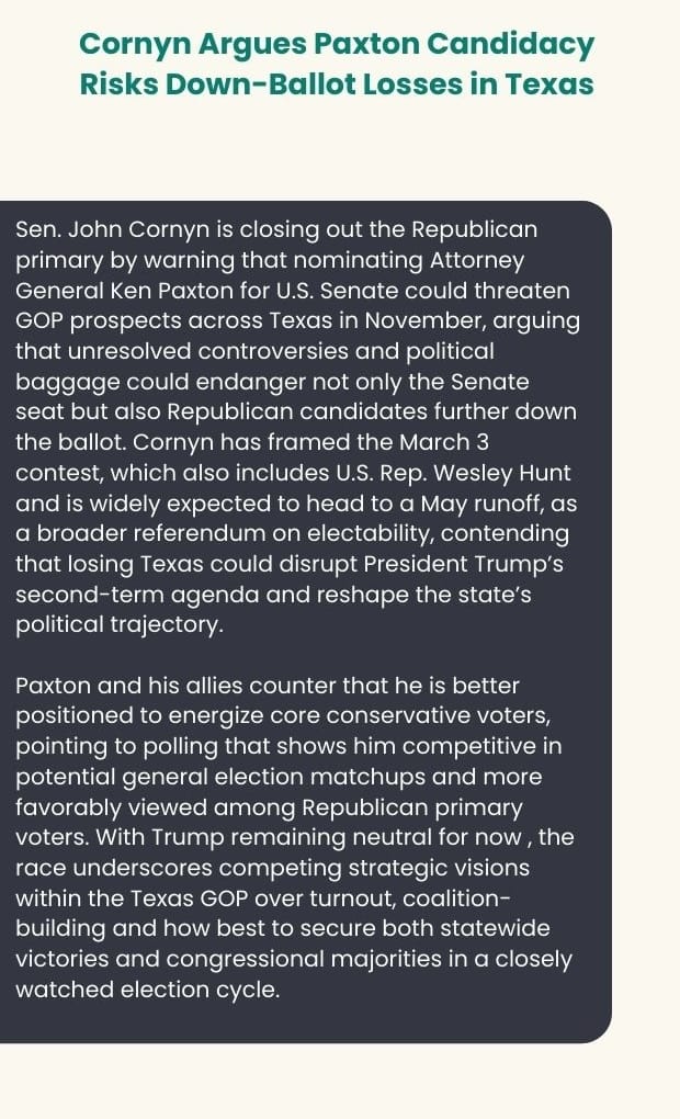 Text card on Cornyn warning Paxton's candidacy risks down-ballot losses