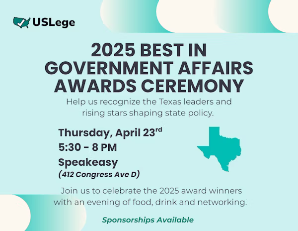 USLege 2025 Best in Government Affairs Awards Ceremony invitation, April 23