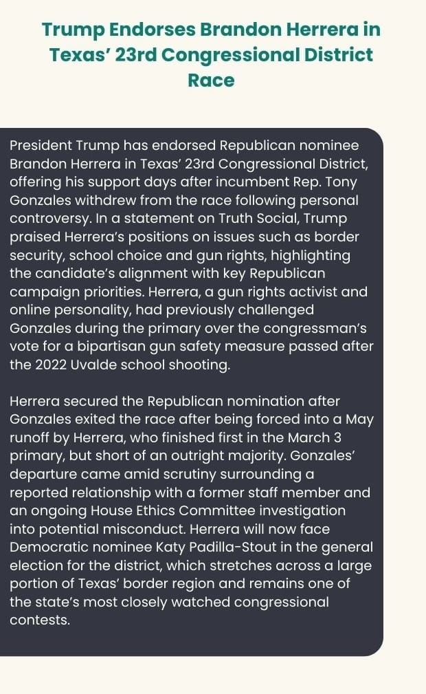 Text card on Trump endorsing Brandon Herrera in Texas' 23rd District race