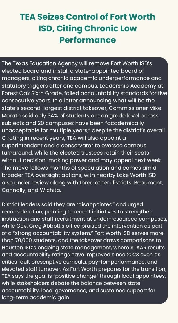 TEA seizes control of Fort Worth ISD citing chronic low performance