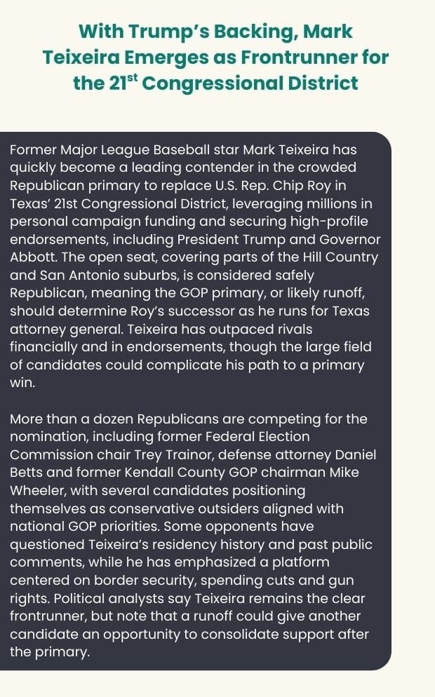 Text card on Mark Teixeira emerging as frontrunner for Texas' 21st District