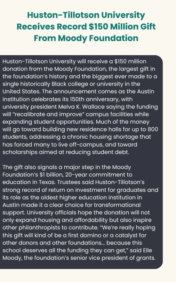 Huston-Tillotson University receives record $150 million gift from Moody Foundation