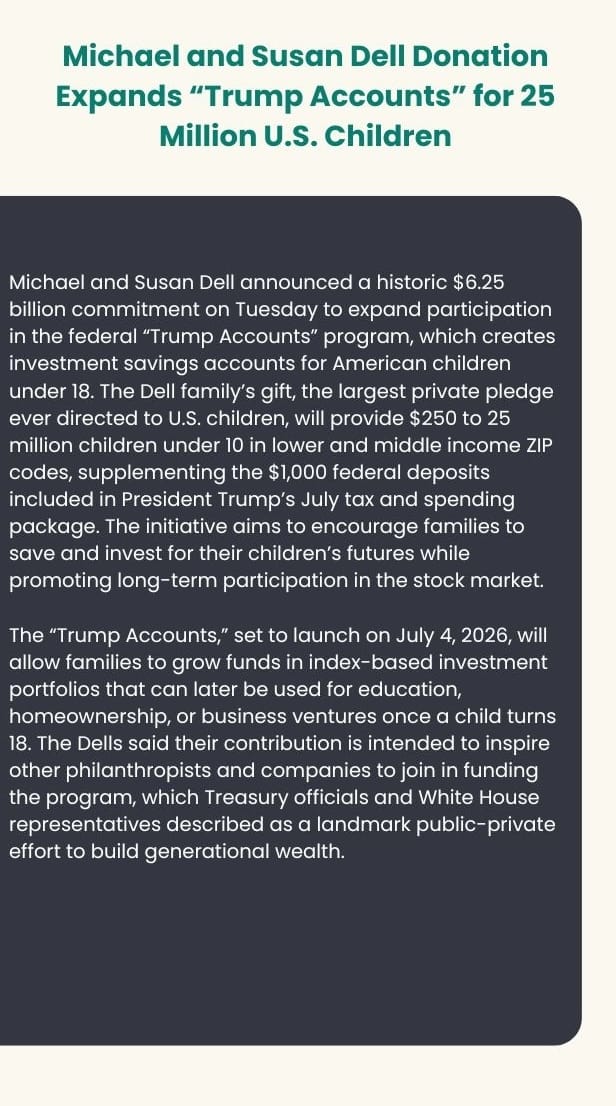 Text card on the Dell family's $6.25 billion gift to Trump Accounts