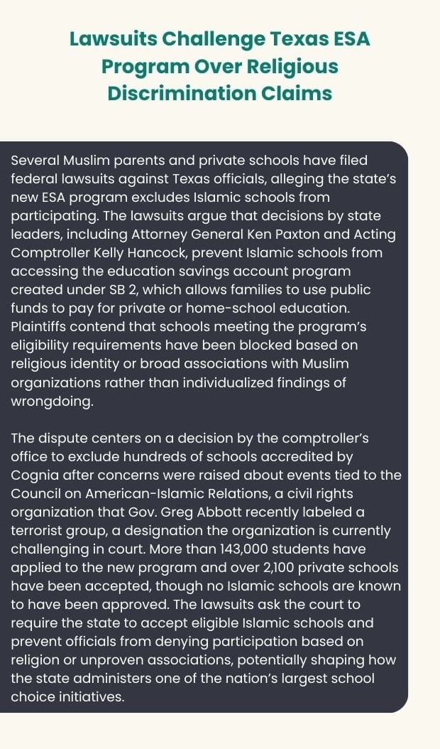 Text card on lawsuits challenging Texas ESA program over religious discrimination