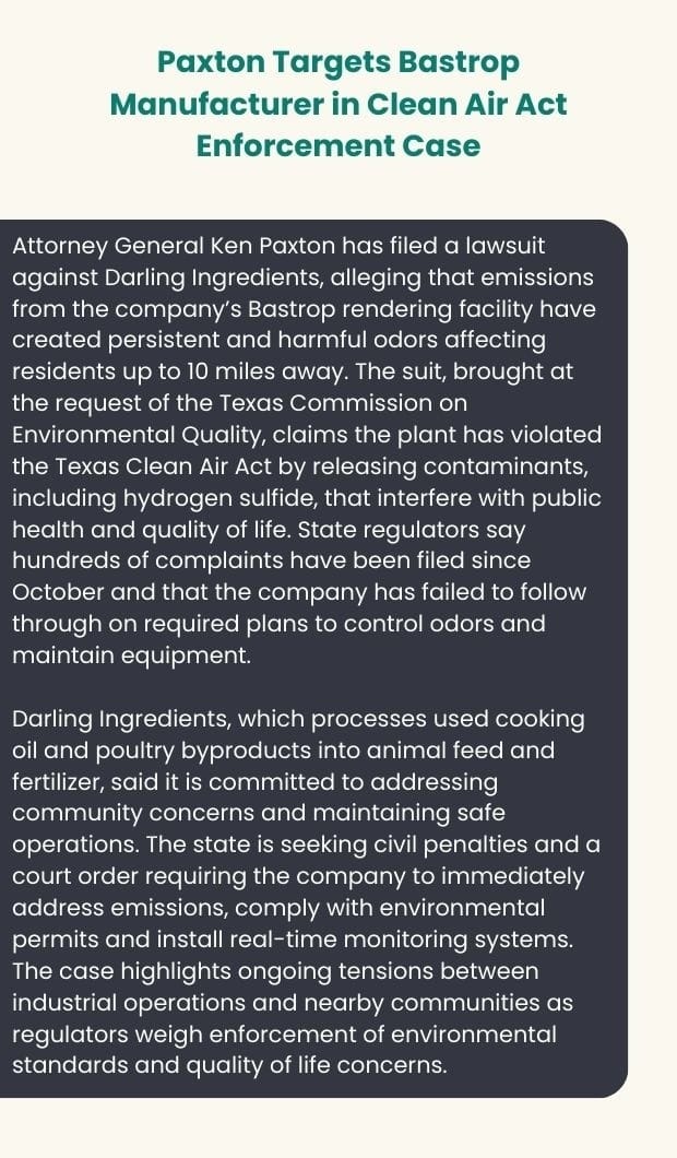 Text card on Paxton's Clean Air Act lawsuit against a Bastrop manufacturer