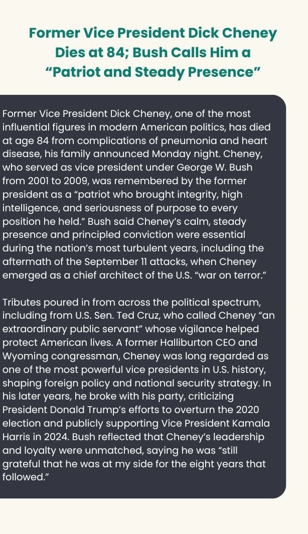 Former Vice President Dick Cheney dies at 84, Bush pays tribute