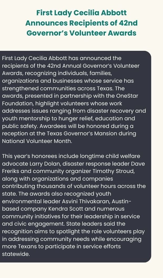 Text card on First Lady Cecilia Abbott announcing Governor's Volunteer Award recipients