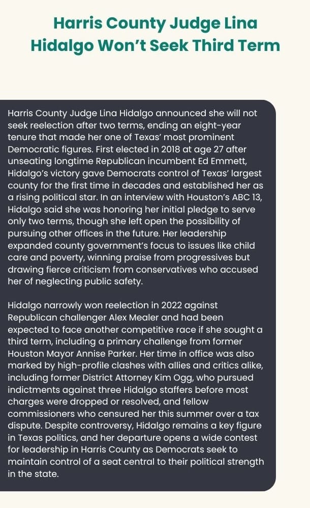 Harris County Judge Lina Hidalgo won't seek third term