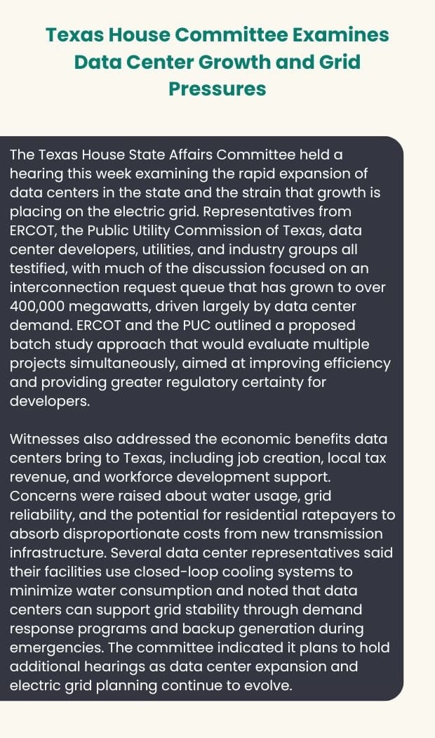Text card on Texas House committee hearing on data center growth