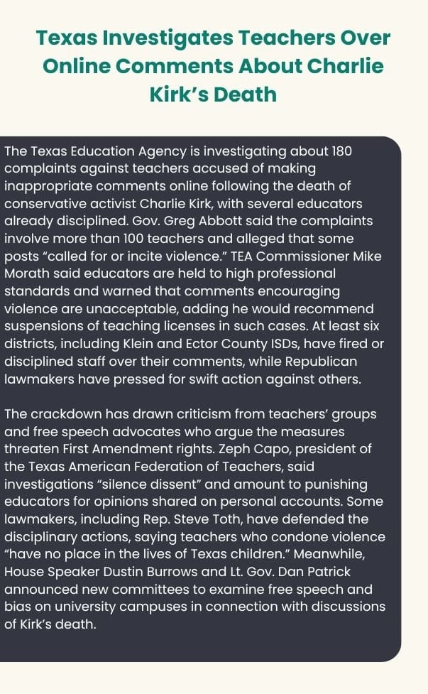Texas investigates teachers over online comments about Charlie Kirk's death