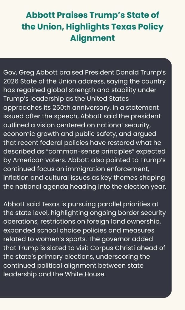 Text card on Abbott praising Trump's State of the Union address