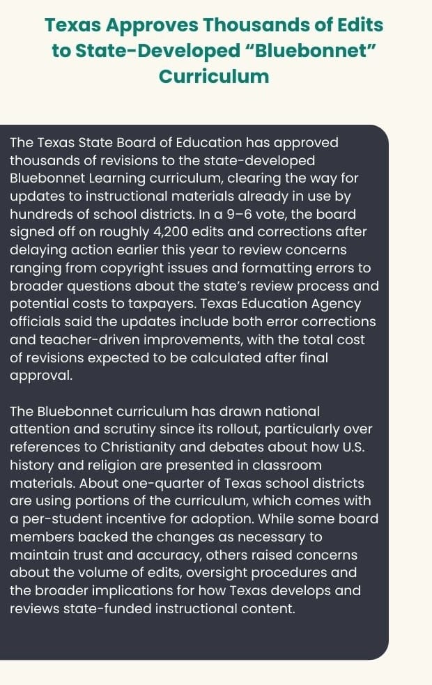 Text card on Texas approving edits to the Bluebonnet school curriculum