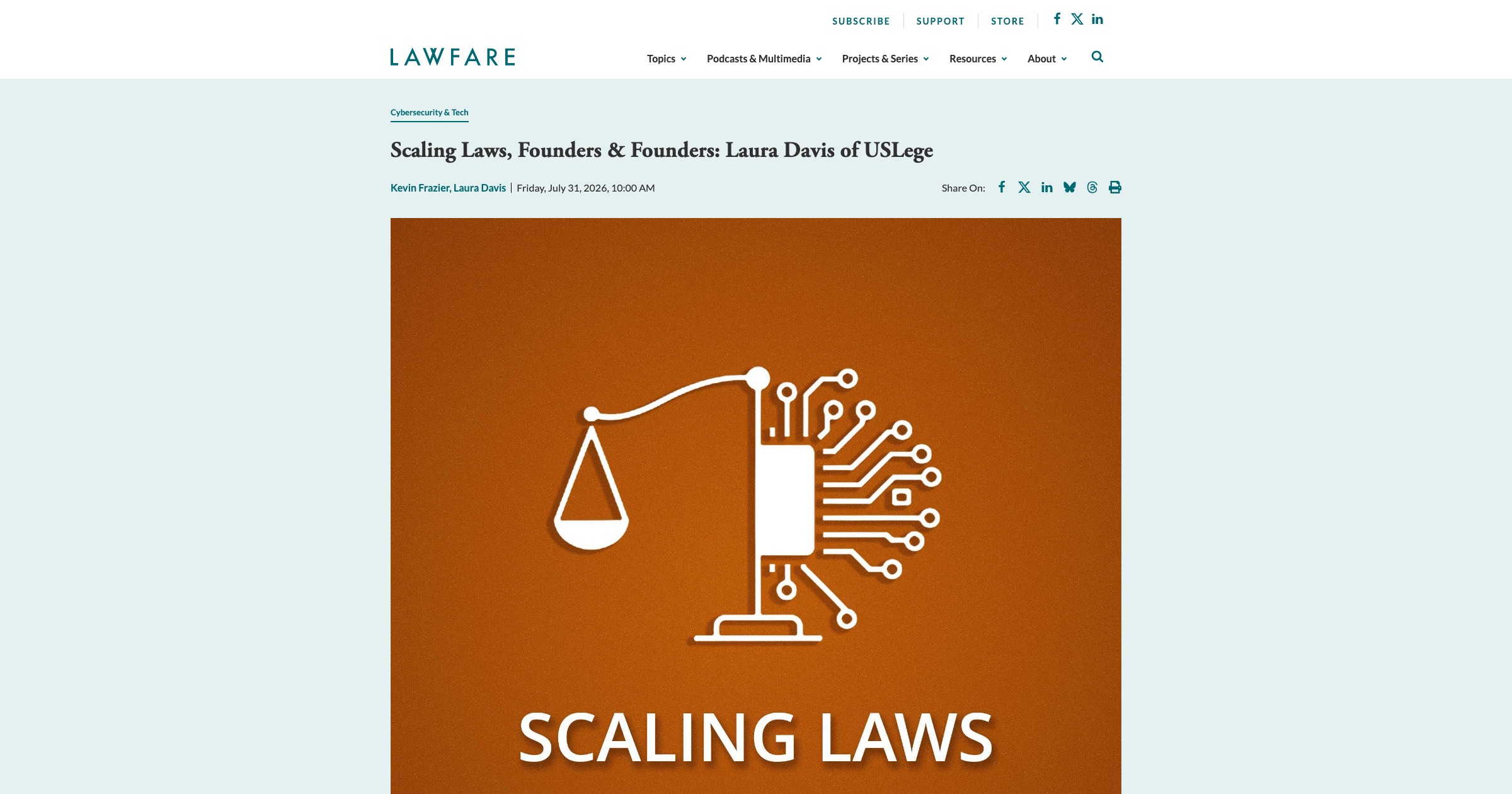 Lawfare's Scaling Laws episode page featuring Laura Davis of USLege
